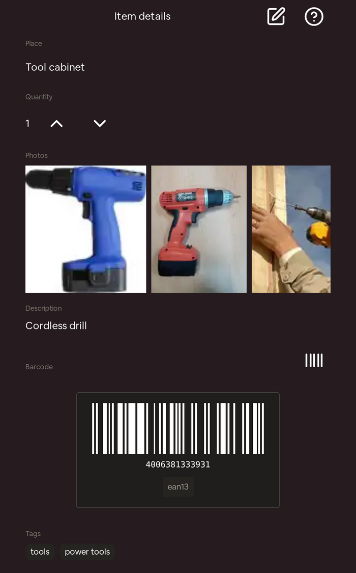 The Seiton app showing one item, a cordless drill in the tool cabinet: three photos, a quantity, a description, a scanned barcode and the tags tools and power tools.