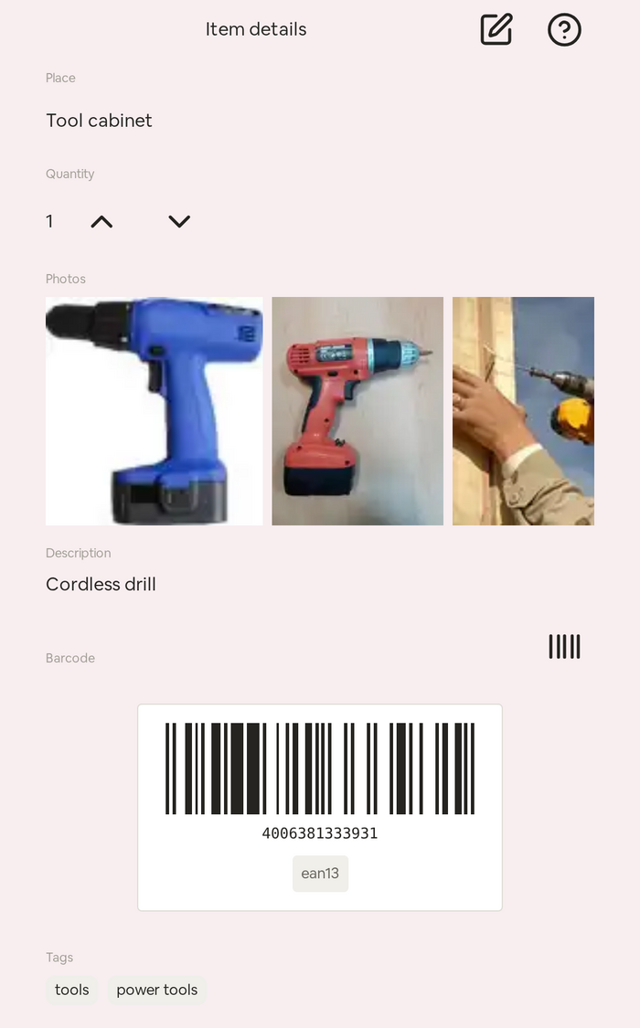 The Seiton app showing one item, a cordless drill in the tool cabinet: three photos, a quantity, a description, a scanned barcode and the tags tools and power tools.