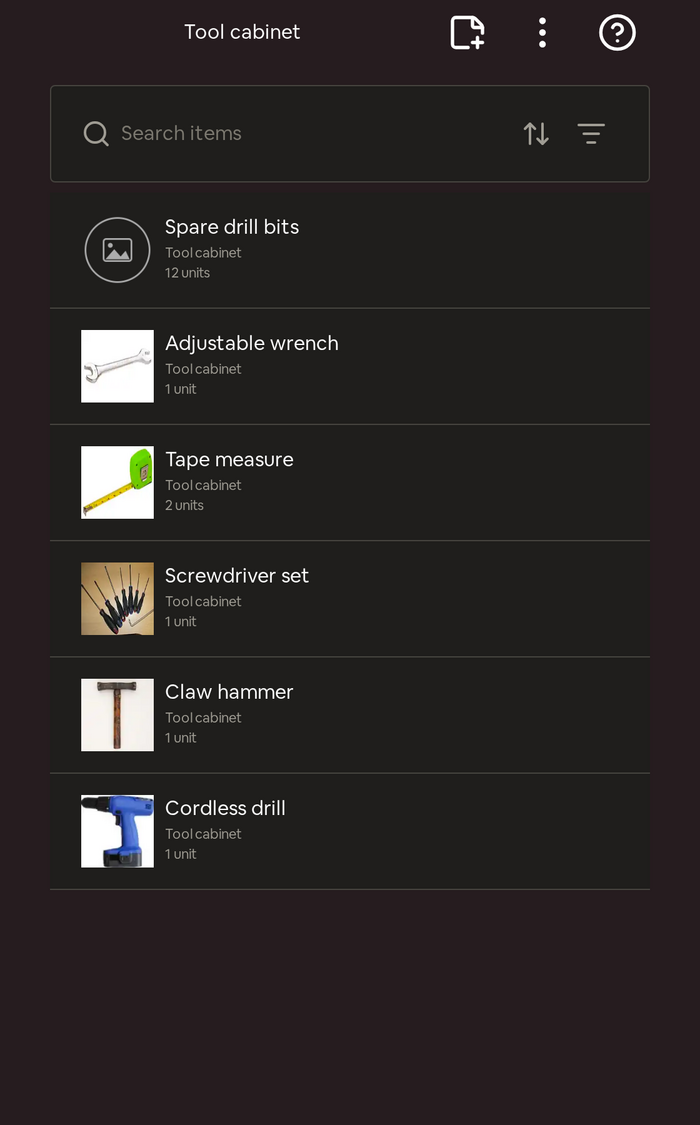 The Seiton app showing the contents of a tool cabinet: spare drill bits, an adjustable wrench, a tape measure, a screwdriver set, a claw hammer and a cordless drill, each with a photo and a quantity.