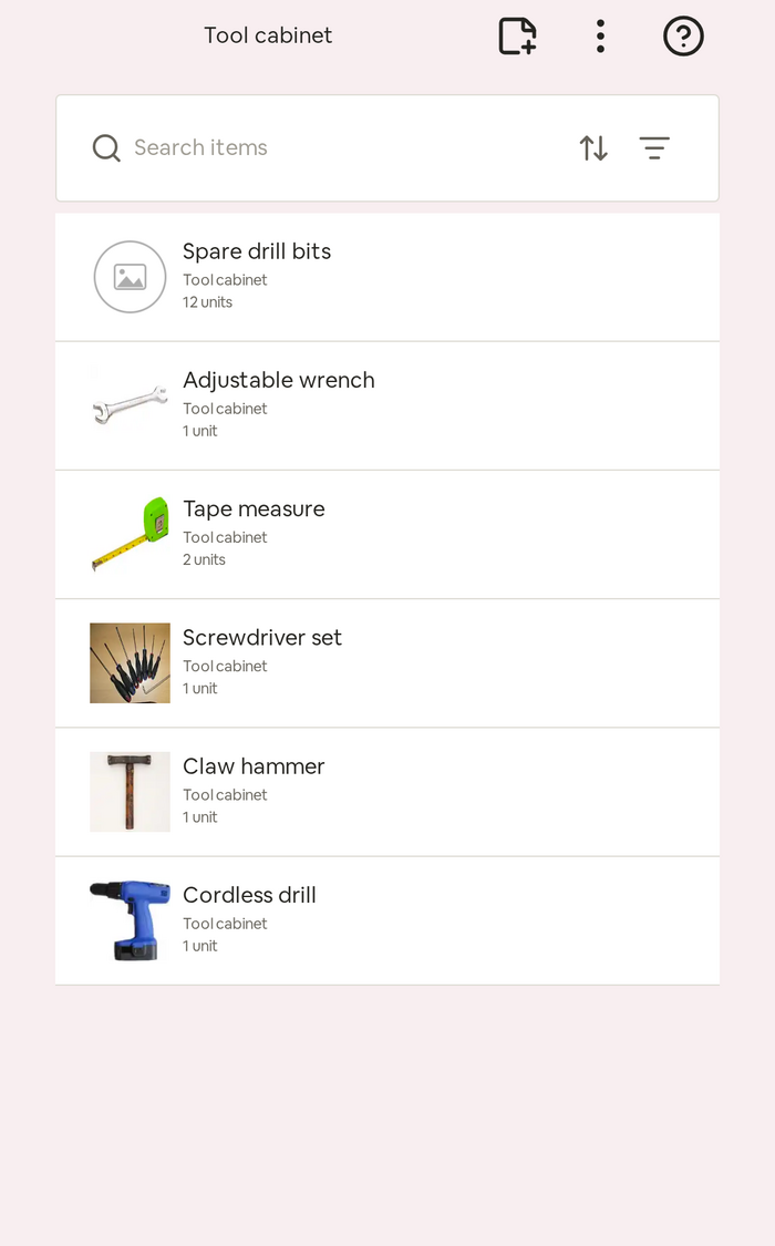 The Seiton app showing the contents of a tool cabinet: spare drill bits, an adjustable wrench, a tape measure, a screwdriver set, a claw hammer and a cordless drill, each with a photo and a quantity.