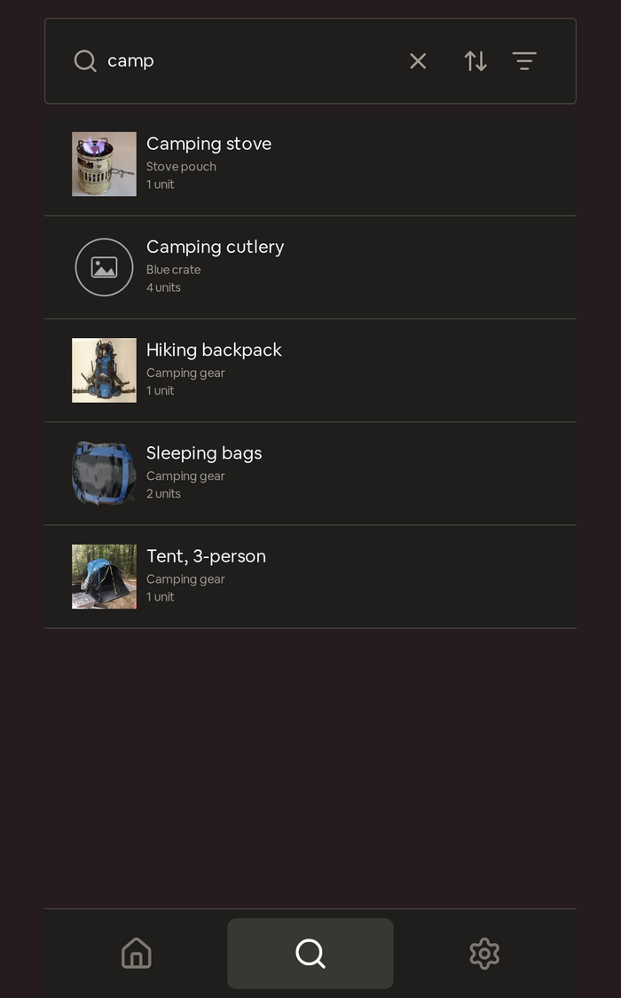The Seiton app searching the whole house for "camp": a camping stove, camping cutlery, a hiking backpack, sleeping bags and a tent, each showing the place it is stored in.