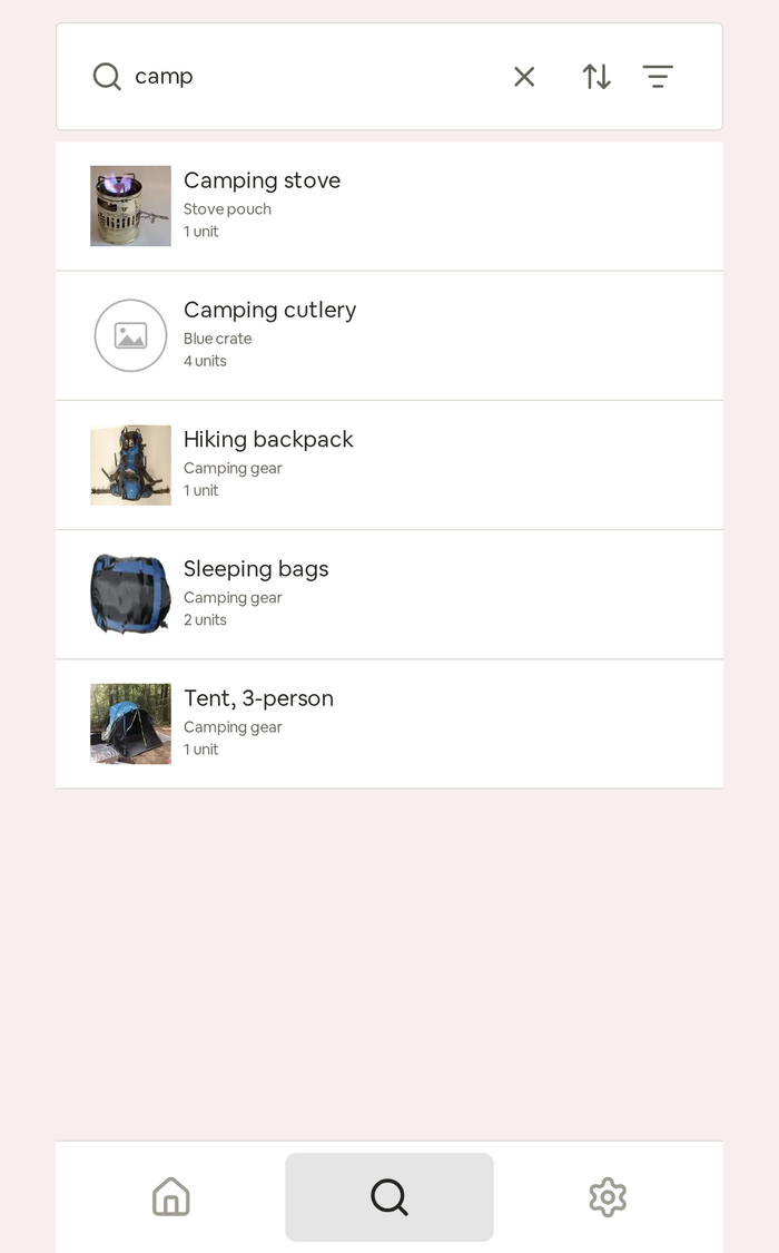 The Seiton app searching the whole house for "camp": a camping stove, camping cutlery, a hiking backpack, sleeping bags and a tent, each showing the place it is stored in.